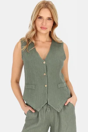 Perso Khaki dámská elegantní lněná vesta s pruhy CHCE 255487 F - Khaki