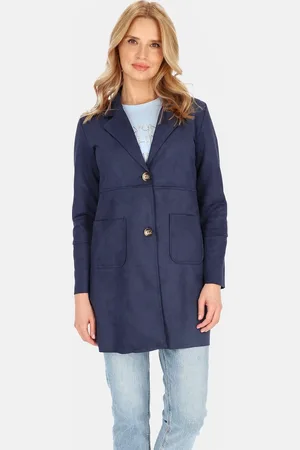 Perso Tmavě modrý dámský elegantní krátký kabát s kapsami BLE 251010 F - Dark blue