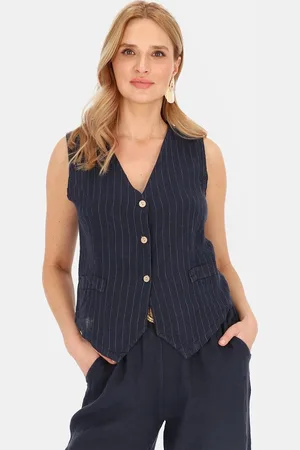 Perso Tmavě modrá dámská elegantní lněná vesta s pruhy CHCE 255487 F - Navy blue
