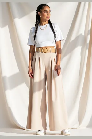 Figl Béžové dámské elegantní široké kalhoty s vysokým pasem M1160 Beige