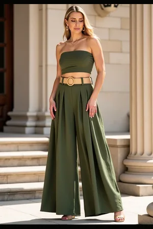 Figl Khaki dámské elegantní široké kalhoty s vysokým pasem M1160 Green
