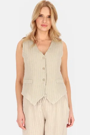 Perso Béžová dámská elegantní lněná vesta s pruhy CHCE 255487 F - Beige