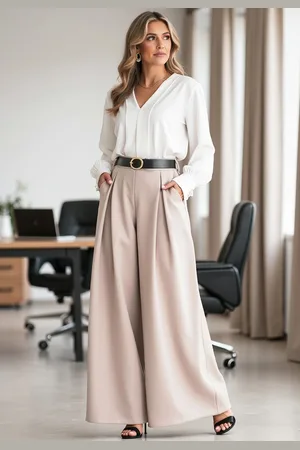 Figl Béžové dámské elegantní široké kalhoty s páskem M1134 Beige