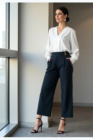 Figl Tmavě modré dámské elegantní rovné kalhoty M1132 Navy