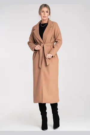 Figl Dámský béžový dlouhý kabát s límečkem a kapsami M1114 Beige