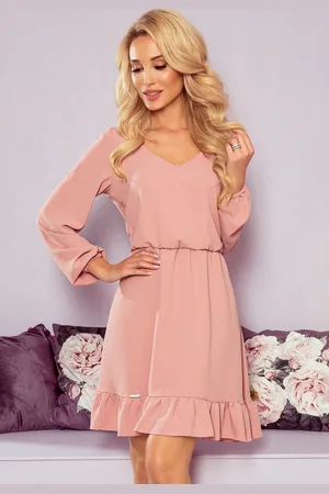 Numoco Růžové boho šaty s výstřihem a volánkem LUISA 295-5