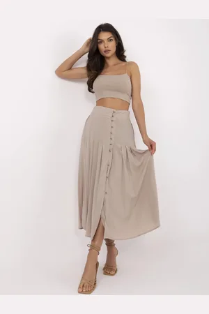 Sublevel Béžová dámská plisovaná sukně s knoflíky a rozparkem D73761M50187B-dark beige
