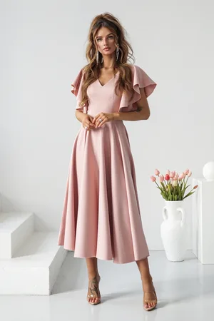Mia Dresses Starorůžové midi šaty s volánovými rukávy