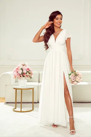 Mia Dresses Bílé šifonové šaty s rozparkem
