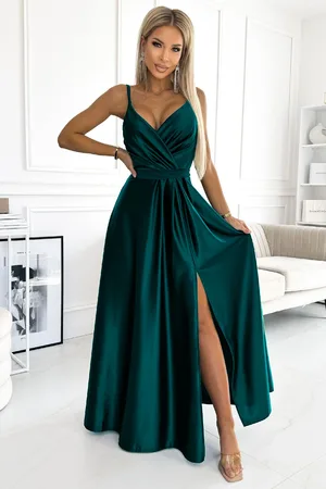 Mia Dresses Smaragdové lesklé šaty s rozparkem