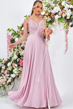 Mia Dresses Růžové šifonové šaty s vyšívanými květinkami