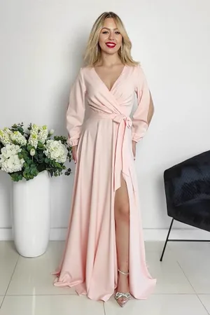 Mia Dresses Světle růžové společenské šaty s rukávy a rozparkem