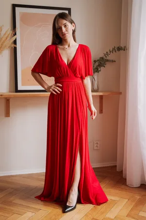 Mia Dresses Červené dlouhé společenské šaty s volnými rukávy