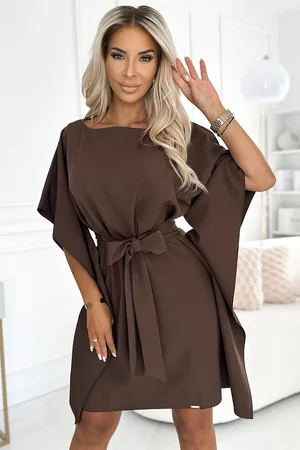 Mia Dresses Hnědé krátké šaty s volnými rukávy