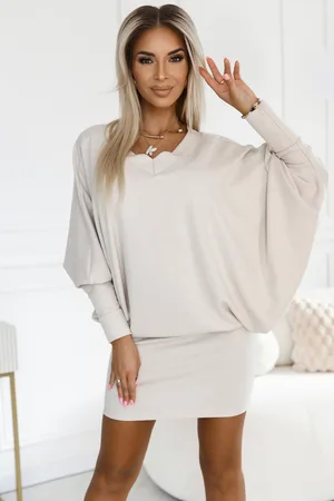 Mia Dresses Béžové krátké šaty s volnými rukávy