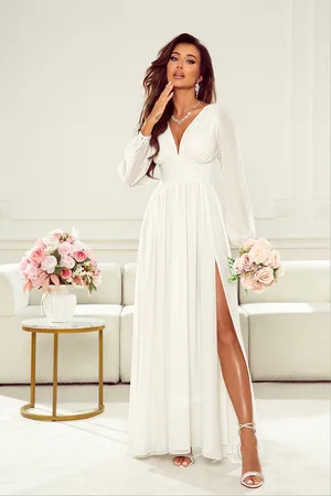 Mia Dresses Poškozené zboží - Bílé šifónové šaty s balonovými rukávy