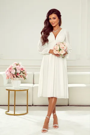 Mia Dresses Bílé šifonové midi šaty s balonovými rukávy