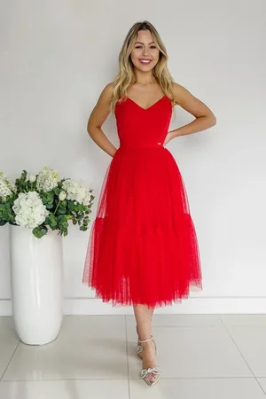 Mia Dresses Červené midi šaty s týlní sukní
