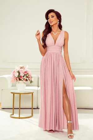 Mia Dresses Růžové třpytivé šaty s rozparkem