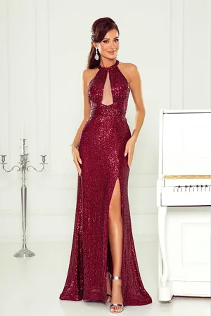 Mia Dresses Bordové flitrované šaty s rozparkem