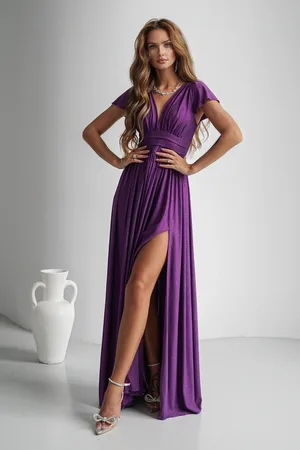 Mia Dresses Fialové třpytivé šaty s rozparkem