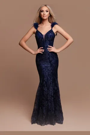 Mia Dresses Tmavě modré flitrované šaty s peříčky
