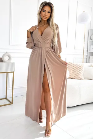 Mia Dresses Hnědé volné šaty s rozparkem