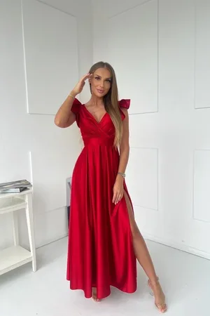 Mia Dresses Poškozené zboží - Červené lesklé šaty s volánkovými rukávy