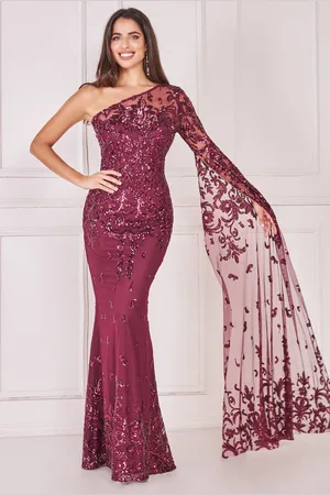 Mia Dresses Vínové flitrované šaty s prodlouženým rukávem