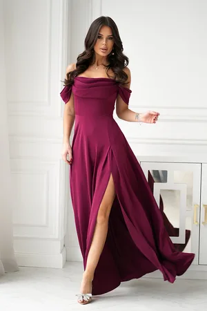 Mia Dresses Bordové společenské šaty spuštěné na ramena