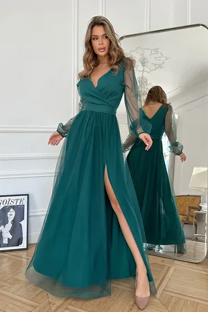 Mia Dresses Smaragdové společenské šaty s tylovou sukní a rukávy