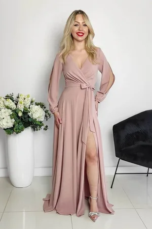 Mia Dresses Starorůžové společenské šaty s rukávy a rozparkem