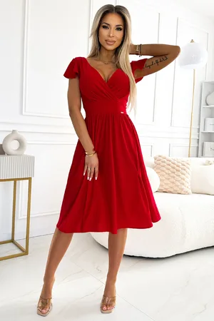 Mia Dresses Červené třpytivé midi šaty s volánkovými rukávy