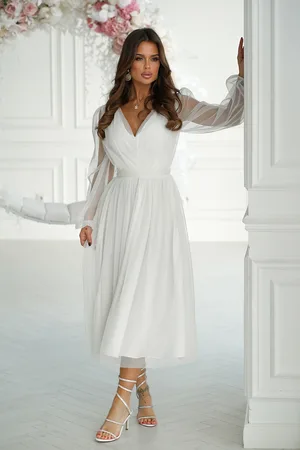 Mia Dresses Bílé tylové midi šaty