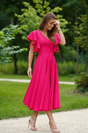 Mia Dresses Cyklamenové midi šaty s volánovými rukávy