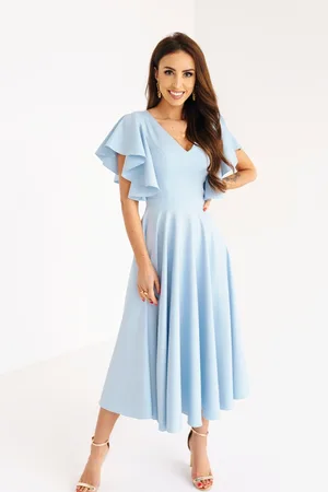 Mia Dresses Světle modré midi šaty s volánovými rukávy