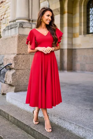 Mia Dresses Červené midi šaty s volánovými rukávy