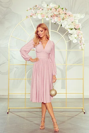Mia Dresses Růžové třpytivé midi šaty s dlouhými rukávy