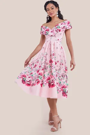 Mia Dresses Růžové květinové midi šaty spuštěné na ramena