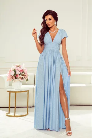 Mia Dresses Světle modré třpytivé šaty s rozparkem