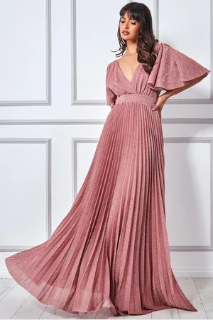 Mia Dresses Tmavě růžové lesklé společenské šaty s volnými rukávy