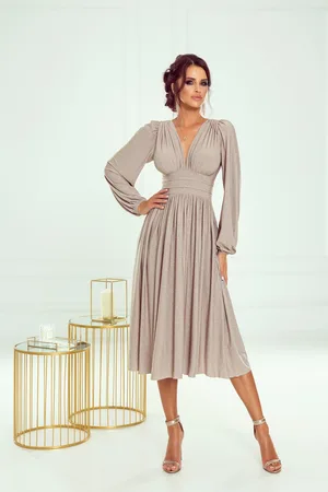 Mia Dresses Béžové třpytivé midi šaty s dlouhými rukávy