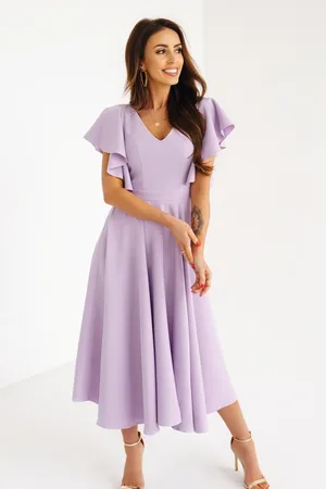 Mia Dresses Fialové midi šaty s volánovými rukávy