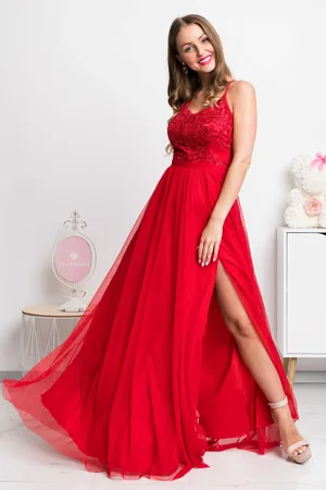 Mia Dresses Poškozené zboží - Červené společenské dlouhé šaty na ramínka