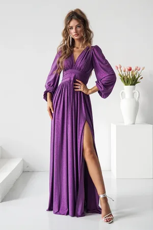 Mia Dresses Fialové třpytivé šaty s dlouhými rukávy