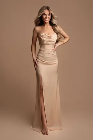 Mia Dresses Poškozené zboží - Zlaté přiléhavé šaty s rozparkem