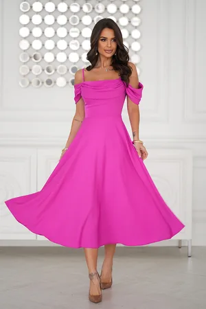 Mia Dresses Cyklámenové midi šaty spuštěné na ramena