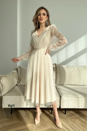 Mia Dresses Krémové tylové midi šaty s jemnými flitry