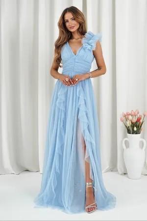 Mia Dresses Světle modré tylové šaty s rozparkem