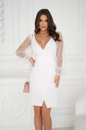 Mia Dresses Bílé krátké šaty s třpytivými rukávy